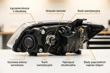 Zaznaczone punkty oględzin reflektora: łączenie klosza, pokrywa serwisowa, oprawka, odpowietrznik, pęknięcia i ślady klejenia