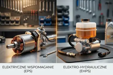 Zestawienie części klasycznego elektrycznego wspomagania EPS oraz układu elektrohydraulicznego ze zbiorniczkiem