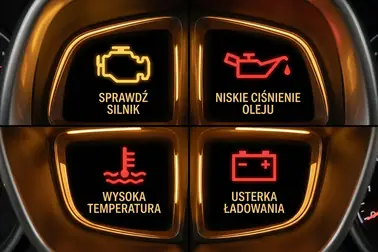 Zestawienie piktogramów na desce rozdzielczej: żółtej kontrolki silnika oraz czerwonej olejarki, termometru i akumulatora