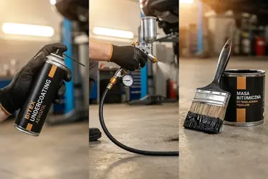 Aerozol, pistolet natryskowy i pędzel używane do nanoszenia preparatu na podwozie