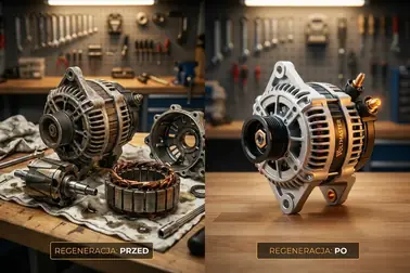 Alternator przeznaczony do regeneracji obok kompletnego podzespołu na wymianę