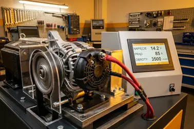 Alternator zamocowany na osłoniętym stanowisku probierczym podczas testu dynamicznego napięcia i prądu