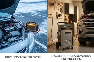 Booster używany przy samochodzie na parkingu oraz stacjonarne urządzenie rozruchowe w garażu