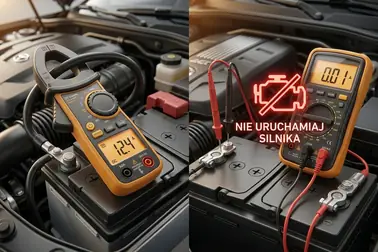 Cęgi DC na przewodzie oraz multimetr podłączony szeregowo z ostrzeżeniem przed rozruchem silnika