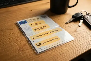 Dowód rejestracyjny z wyróżnionymi polami A, B, E oraz V.9 do weryfikacji