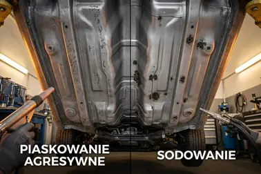 Dwie powierzchnie podwozia oczyszczone metodą strumieniowo-ścierną i sodowaniem