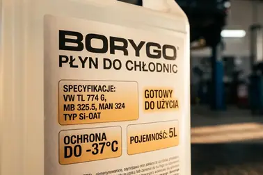 Etykieta Borygo z zaznaczonymi polami pełnej nazwy, specyfikacji, postaci, temperatury ochrony i pojemności