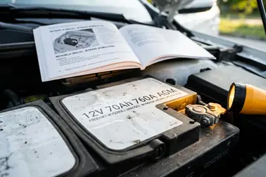 Etykieta starego akumulatora zestawiona z instrukcją obsługi samochodu