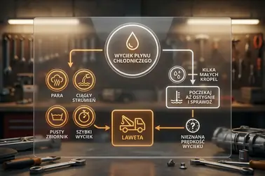 Grafika decyzyjna: objawy wycieku a decyzja o holowaniu pojazdu