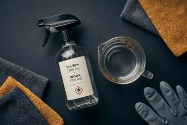 Karta receptury 300 ml domowego odmrażacza z proporcją 200 ml IPA 70% do 100 ml wody i ostrzeżeniami