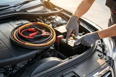 Kierowca sprawdzający napięcie instalacji, stan kabli i oznaczenia punktów rozruchowych