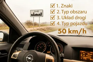 Kolejne elementy potrzebne do ustalenia limitu na drodze krajowej: znaki, obszar, przekrój drogi i rodzaj pojazdu