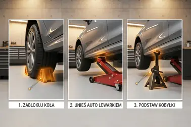 Kolejne etapy podnoszenia samochodu, ustawienia stojaków i kontroli stabilności