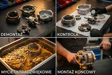 Kolejne etapy regeneracji alternatora od demontażu brudnych części do złożenia odnowionego podzespołu