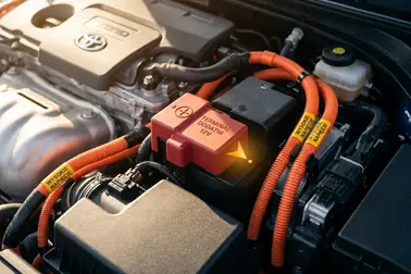 Komora silnika hybrydy z oznaczonym zaciskiem instalacji 12 V oraz oddzielonymi pomarańczowymi przewodami HV