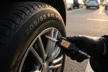 Kontrola ciśnienia, bieżnika i oznaczenia indeksu prędkości na oponie przed podróżą autostradą