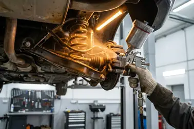 Mechanik nakładający preparat olejowy na szczeliny w podwoziu samochodu