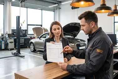 Mechanik przedstawiający zestawienie kosztów wymiany płynu chłodniczego klientowi w warsztacie