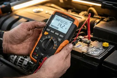 Mechanik przy alternatorze oraz miernik używany do końcowej kontroli układu ładowania