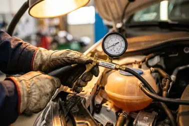 Mechanik sprawdzający układ chłodzenia za pomocą ręcznego testera ciśnieniowego