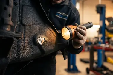 Mechanik sprawdzający z bliska ewentualne uszkodzenia powłoki antykorozyjnej na podwoziu