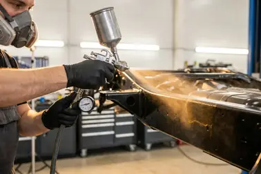 Mechanik w sprzęcie ochronnym nakładający warstwę wosku na podwozie