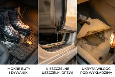 Mokre przedmioty, przeciek nadwozia i woda pod wykładziną jako źródła wilgoci w samochodzie