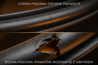 Niewielkie pęknięcie oraz rozległy ubytek profilu gumowej uszczelki drzwi samochodu