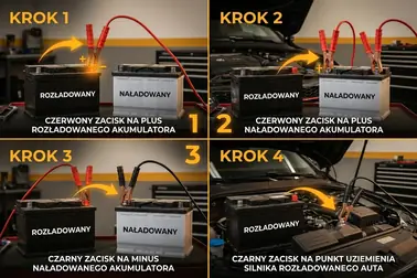Numerowana kolejność podłączenia czerwonego i czarnego przewodu rozruchowego między dwoma samochodami 12 V