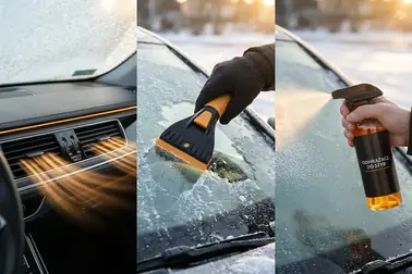 Odmrażanie przedniej szyby samochodu nawiewem, skrobaczką i preparatem do szyb