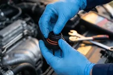 Oględziny uszczelki i mechanizmu korka zbiorniczka na zimnym silniku