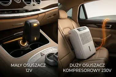 Osuszacz samochodowy zasilany z gniazda 12 V oraz większe urządzenie korzystające z zewnętrznego zasilania 230 V