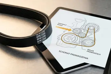 Oznaczenie 6PK1200 na pasku alternatora Poly-V oraz schemat układu kół prowadzących