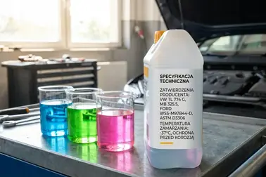 Płyny chłodnicze w różnych kolorach obok etykiety ze specyfikacją techniczną