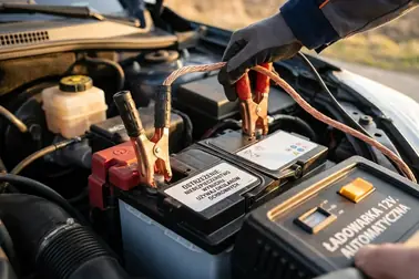 Podłączanie solidnych klem prostownika 12 V do akumulatora w samochodzie osobowym