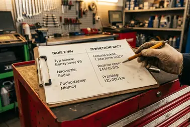 Podział informacji na dane dekodowane z VIN oraz dane wymagające bazy producenta lub historii pojazdu