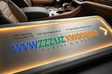 Podział numeru VIN na sekcje WMI (pozycje 1-3), VDS (pozycje 4-9) i VIS (pozycje 10-17)