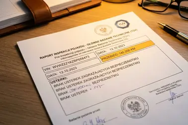 Pola niemieckiego raportu HU z numerem VIN, datą, przebiegiem, wynikiem i usterkami