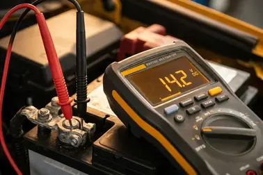 Pomiar napięcia ładowania multimetrem na klemach akumulatora