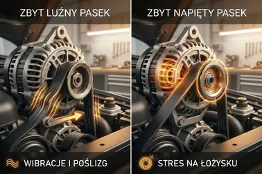 Porównanie: drgania i poślizg luźnego paska oraz obciążenie łożysk przy pasku nadmiernie napiętym