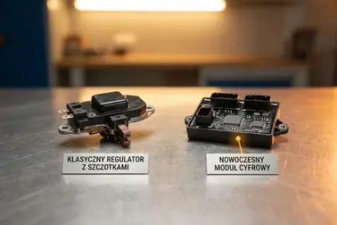 Porównanie klasycznego i cyfrowego regulatora napięcia alternatora na stole warsztatowym