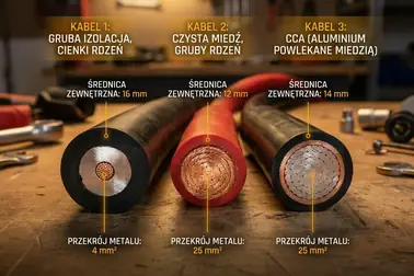 Porównanie przekrojów kabla z grubą izolacją, pełnej miedzi i CCA