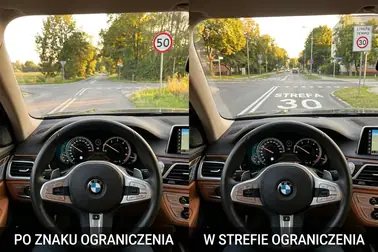 Porównanie sytuacji, w których kończy się ograniczenie prędkości na odcinku i w strefie