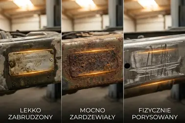 Porównanie zabrudzonego, skorodowanego i trwale uszkodzonego pola numeru VIN