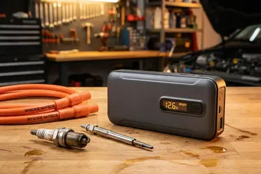 Powerbank rozruchowy zestawiony z samochodem benzynowym, Dieslem i hybrydą z oznaczonym obwodem 12 V