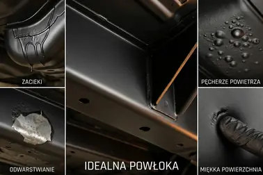 Prawidłowa powłoka Boll oraz przykłady wad: zacieki, pęcherze, odspojenia i miękka powierzchnia
