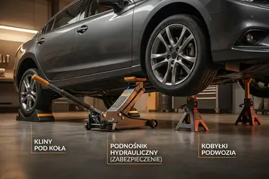 Prawidłowe rozmieszczenie stojaków, klinów pod kołami i podnośnika pozostawionego jako zabezpieczenie pomocnicze