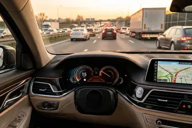 Prędkościomierz w samochodzie pokazujący 15 km/h podczas jazdy w gęstym korku na autostradzie