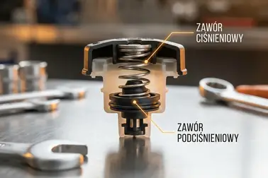 Przekrój korka zbiorniczka wyrównawczego z zaworem ciśnieniowym i podciśnieniowym