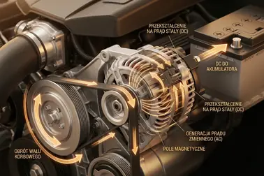 Przepływ energii od wału silnika przez alternator do instalacji elektrycznej samochodu